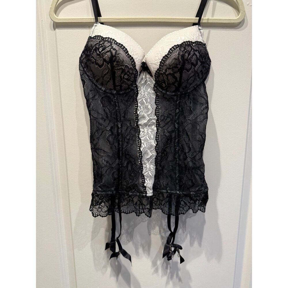 Frederick's of Hollywood Black White Bustier Corset Top Maid Coquette Medium